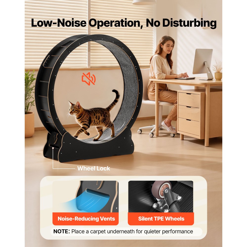 Roue d'exercice pour chat, diamètre intérieur 118 cm, roue d'exercice en bois pour chats jusqu'à 13,6 kg, tapis roulant pour chat avec bande de roulement en tapis et mécanisme de verrouillage, jouet silencieux pour chat d'intérieur, noir Roue d'exercice pour chat, diamètre intérieur 118 cm, roue d'exercice en bois pour chats jusqu'à 13,6 kg, tapis roulant pour chat avec bande de roulement en tapis et mécanisme de verrouillage, jouet silencieux pour chat d'intérieur, noir