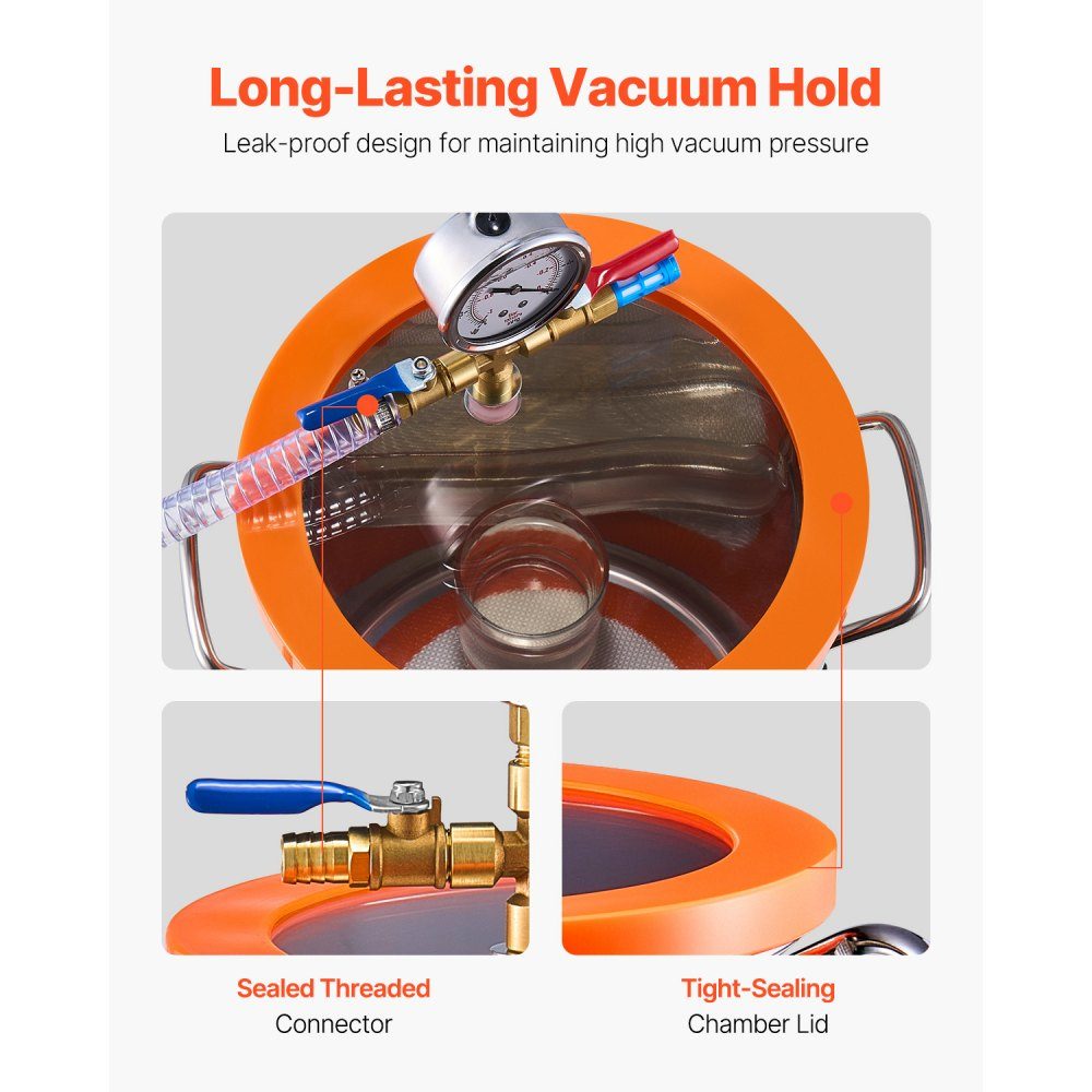 Vacuümkamer van 11,36 liter en pomp van 3,5 CFM, roestvrijstalen kamer, eentraps vacuümpomp-ontgassingkamerset, met acryldeksel, olie, 1,5 m slang, vacuümpompset voor het ontgassen van hars Siliconen epoxyharsen