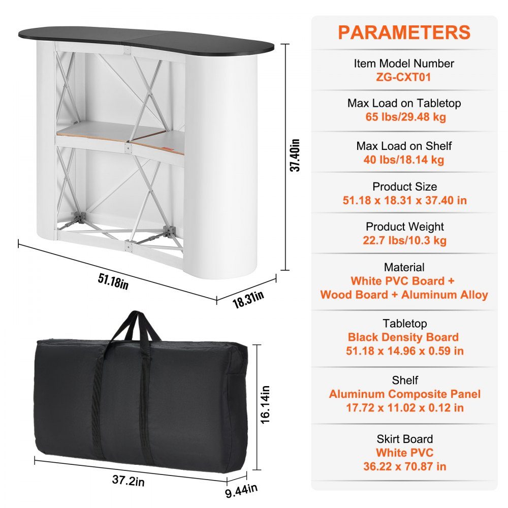 Tragbare Messetheke, Messetheke, 130 x 46,5 x 95 cm, Messestand, Ausstellungsthekenständer, faltbarer Promotion-Einzelhandels-Stehtisch, Pop-up-Podium mit Ablagefach, Tragetasche