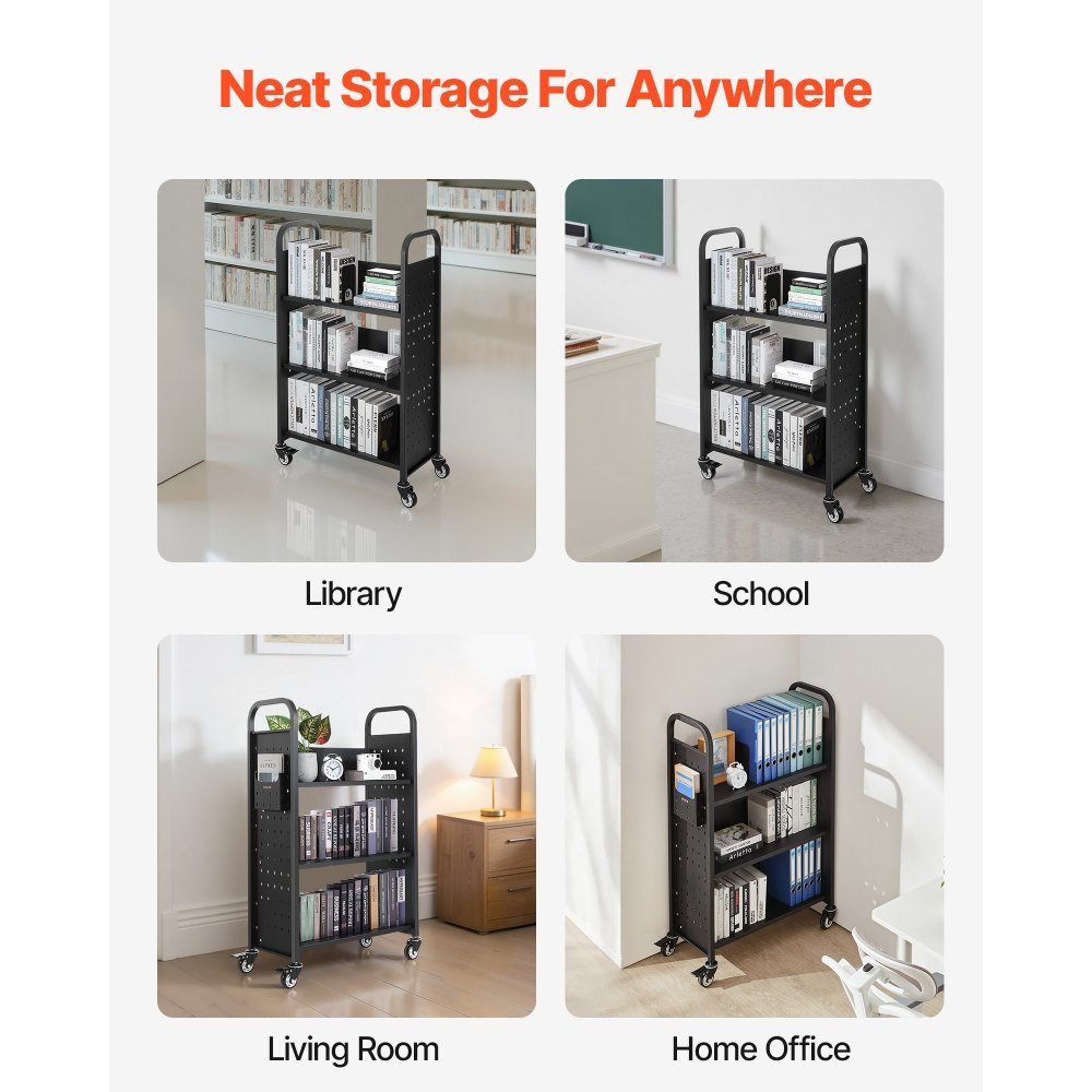 Bücherwagen, 150 kg Tragkraft, Bibliothekswagen, 77 x 38 x 122 cm, einseitiges L-förmiges Bücherregal mit Doppelbremsrädern, Bücherregalwagen für Wohnzimmer, Büro, Schule, Schwarz