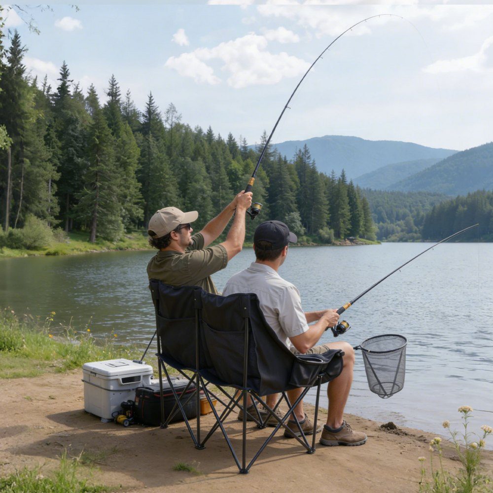 Camping Chair for 2 People, Folding Chair, 300kg Load Capacity, Fishing Chair with 2 Drink Holders & Wine Glass Holders & Magazine Holders & Carry Bags, for Outdoor Activities Fishing 1 Piece
