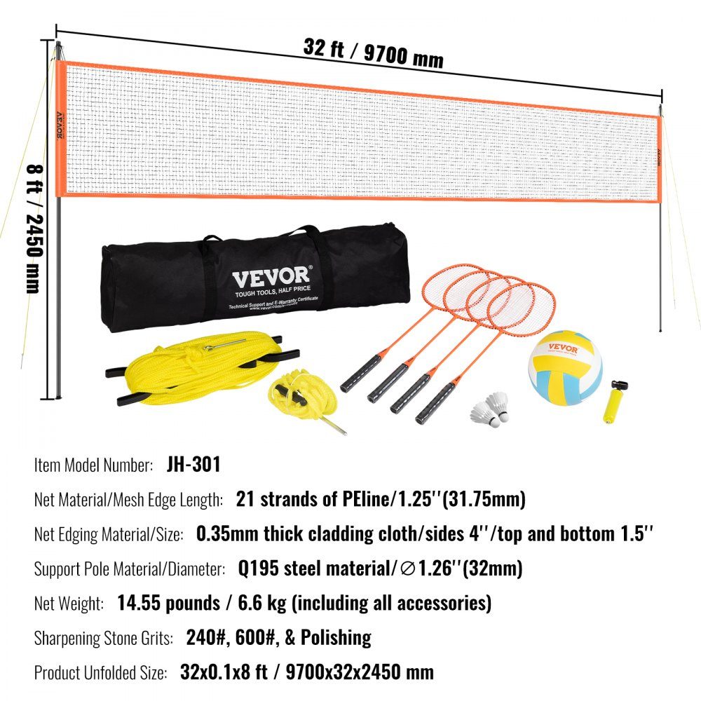 Volleybalnet, in hoogte verstelbaar badmintonnet, 36" x 370" draagbaar strandvolleybalnet, oranje volleybalnet, opvouwbaar volleybalnet met volleybal, draagtas en badmintonracket