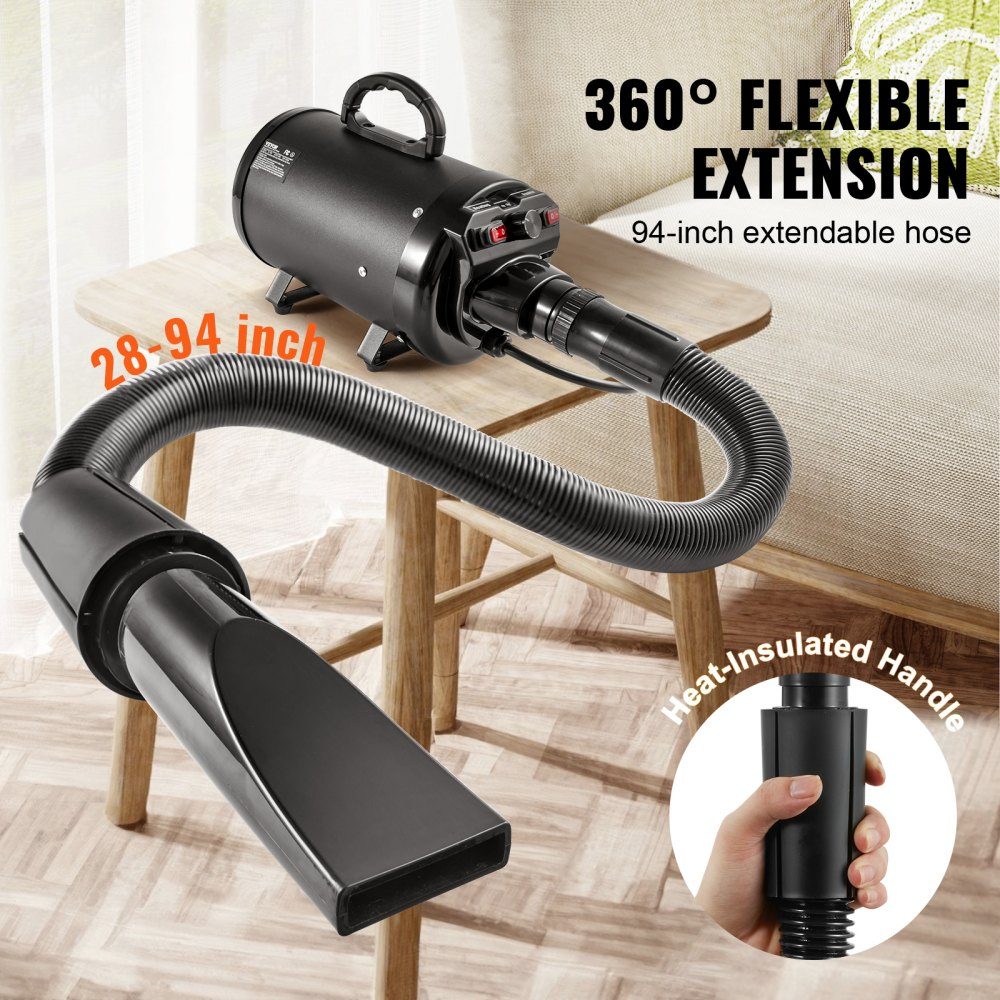 Sèche-poils pour chien, 2000 W, vitesse du vent 70 m/s, sèche-poils pour animaux de compagnie, sèche-cheveux pour toilettage, souffleur à 4 buses avec tuyau élastique, plage de température de 29,4 à 57,2 °C, sèche-poils pour animaux de compagnie