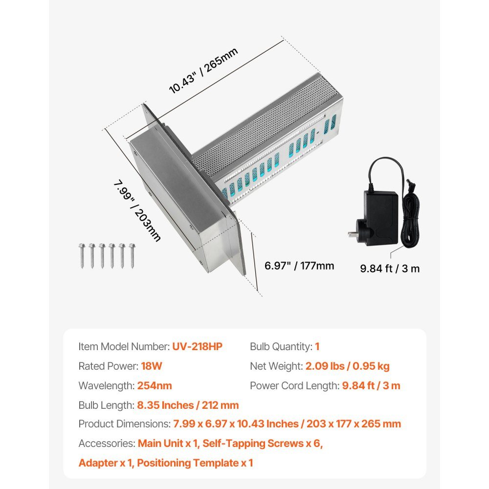 HVAC-Luftreiniger für das ganze Haus, 18 W, 254 nm, Klimaanlagenkanal, UV-UVC-Licht, Luftreiniger mit 2 Glühbirnen, HVAC-UV-Lampen mit Netzkabel, Luftreiniger für Klimaanlage