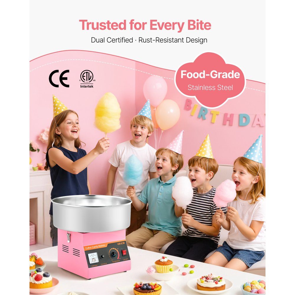 Machine à barbe à papa, machine à barbe à papa électrique 1000 W avec bol en acier inoxydable de 38 cm et cuillère à bonbons, fait de la barbe à papa pour les anniversaires à la maison, les réunions de famille, 3500 tr/min, rose – Réf. HT-23903
