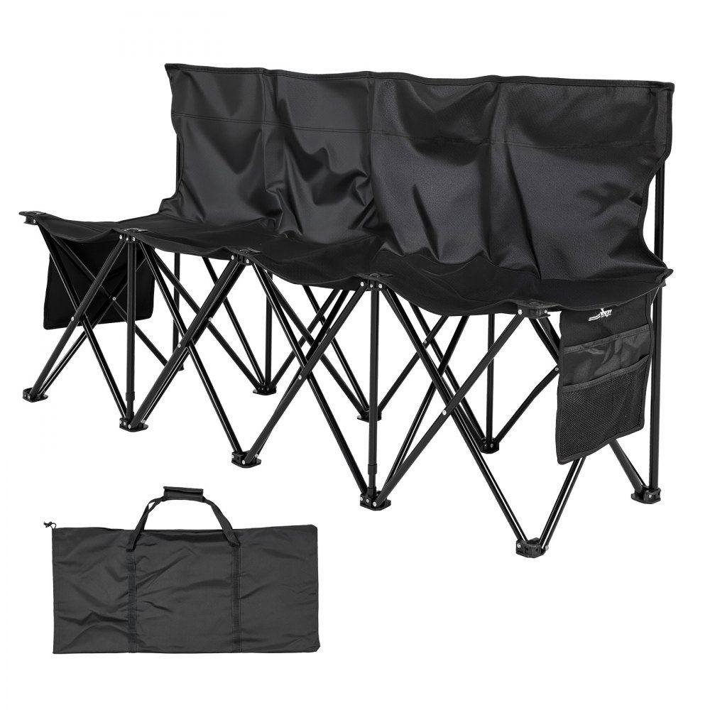 Portable Folding Camping Bench Bench (4 Person) with Side Pockets and Carry Bag Team Bench with Backrest Side Bench for Football Baseball Camping Outdoor Activities Black