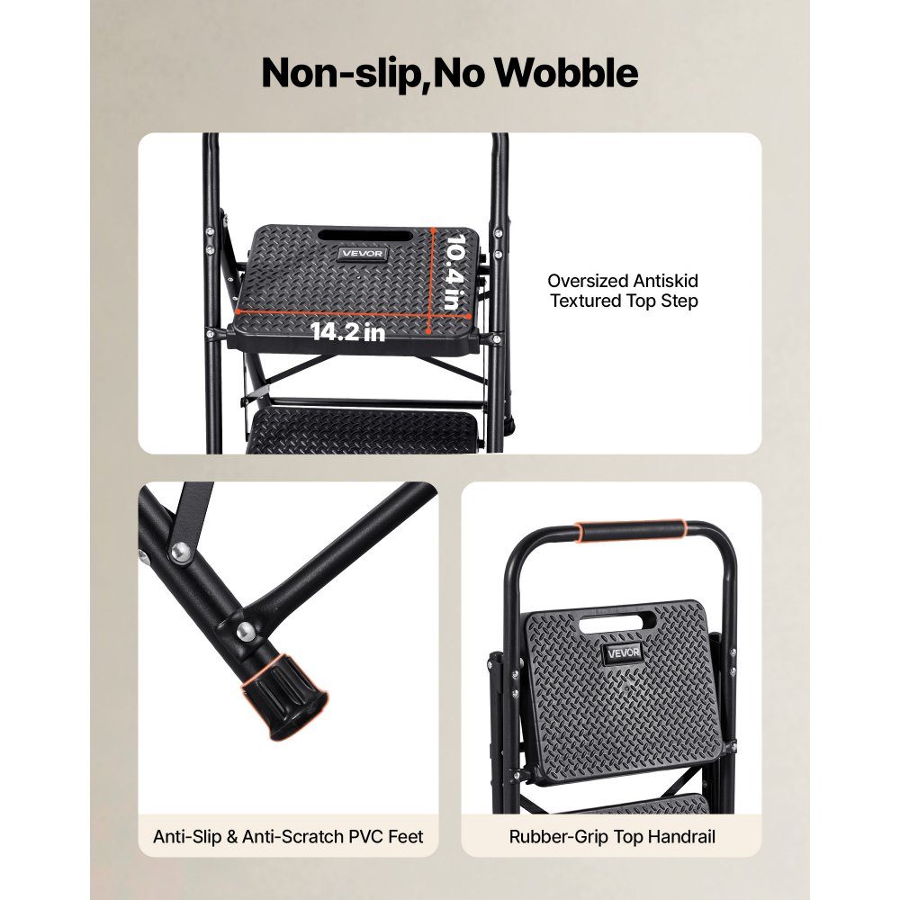 Step Ladder 2 Steps, Folding Ladder with Anti-Slip Steps & Comfortable Handle, Household Ladder with a Load Capacity of 272kg, Folding Step, Safety Ladder for Kitchen, Home & Office, Black