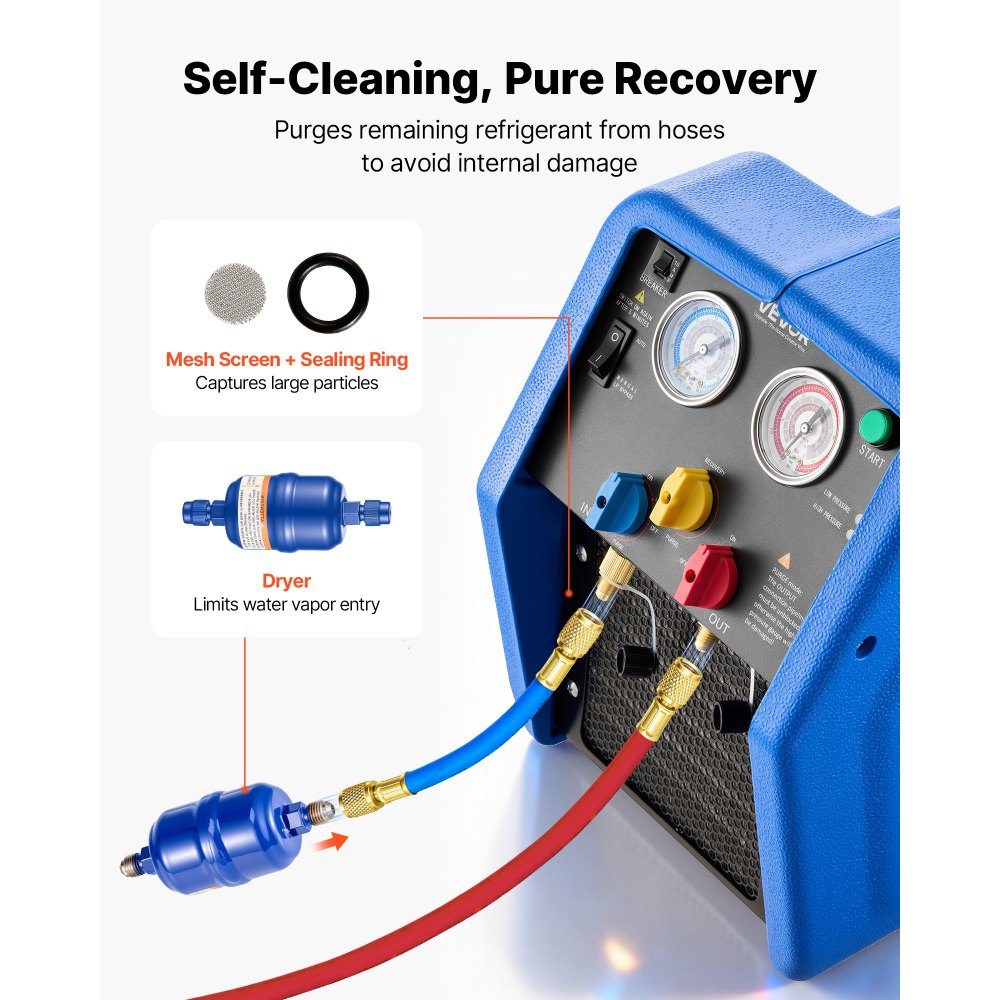 Refrigerant extraction device Portable refrigerant extraction station, 220V/50Hz 1450 rpm. 3/4 HP with single cylinder extraction system for refrigerants A1 and A2L, recovery device for vehicle and home air conditioning systems