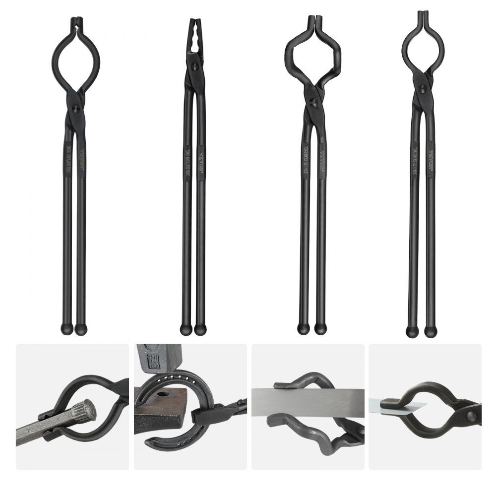 Schmiedezangen-Set, V-Bit, Wolf, ZV, Greifzange 4-teilig. Schmiedezange aus Kohlenstoffstahl, 465 x 60 x 19 mm / 461 x 68 x 18 mm / 458 x 38 x 19,0 mm / 463 x 78 x 52,3 mm, mit verlängertem Griff