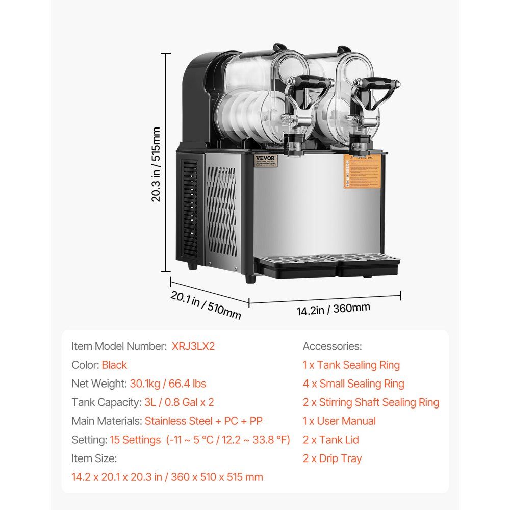 Kommerzielle Slush-Eismaschine, 3 l x 2, Doppeltankmaschine für gefrorene Getränke, 24 Tassen, Edelstahl, Slush-Eismaschine, Softeismaschine für Partys, Restaurants, Cafés, Bars, Schwarz