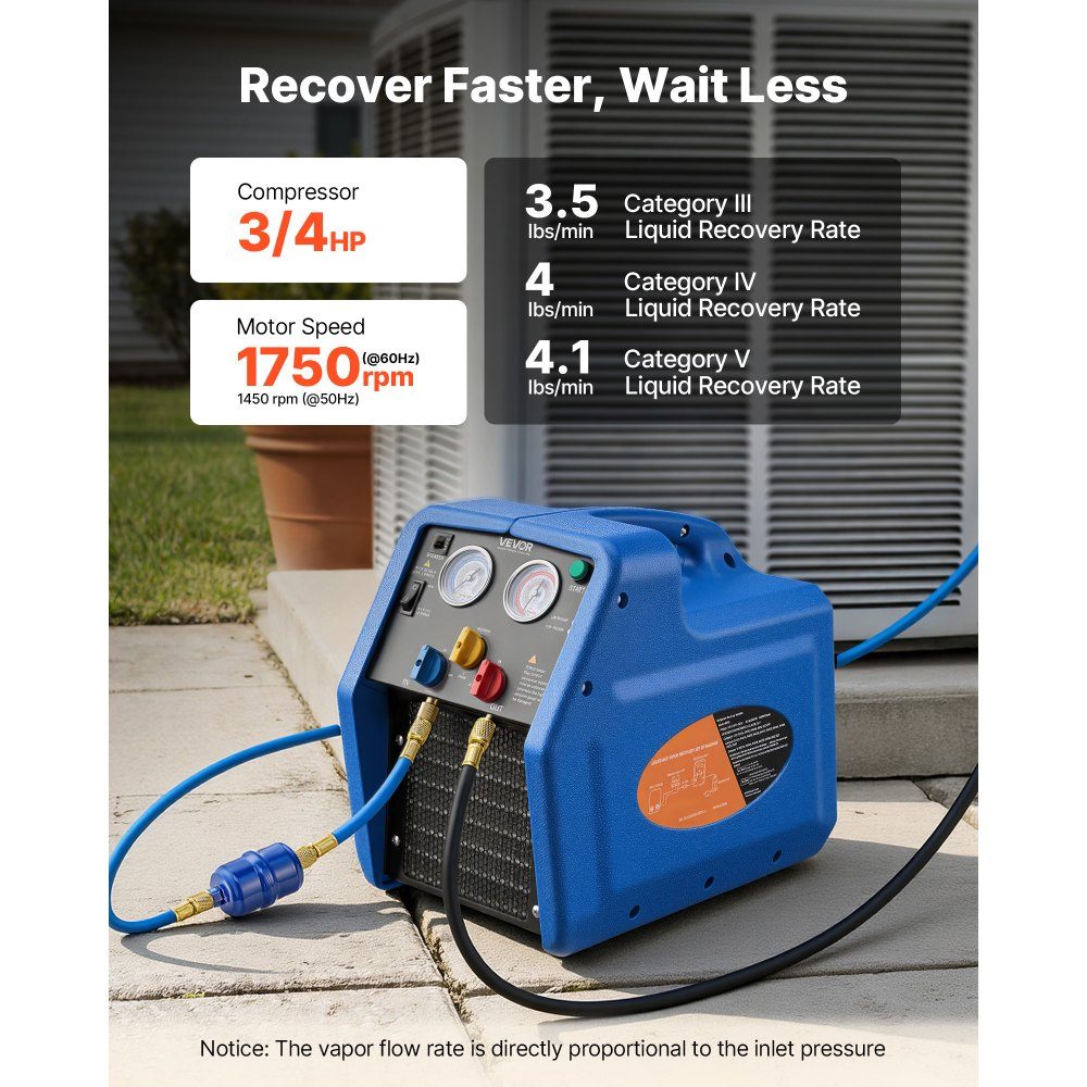 Refrigerant extraction device Portable refrigerant extraction station, 220V/50Hz 1450 rpm. 3/4 HP with single cylinder extraction system for refrigerants A1 and A2L, recovery device for vehicle and home air conditioning systems