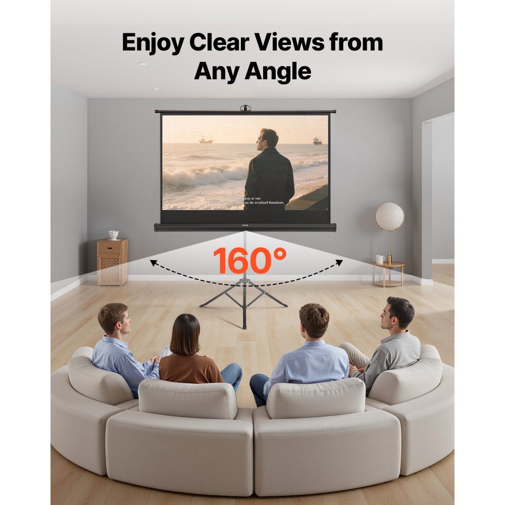 Projection screen tripod screen (60 inches) with 160° wide angle, projector screen for indoor and outdoor projectors 16:9 4K HD, portable film screen with carrying bag for home cinema presentation
