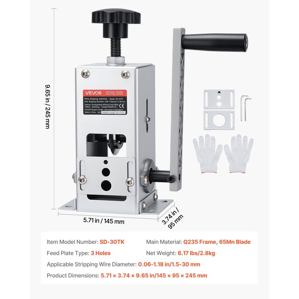 Abisoliermaschine, 1,5–30 mm Kabelschälmaschine, Handkurbel-/Bohrbetrieb, Abisolierwerkzeug mit Q235-Rahmen, Kabelabisolierer, manuelle Kabelabisoliermaschine für Kupferschrott