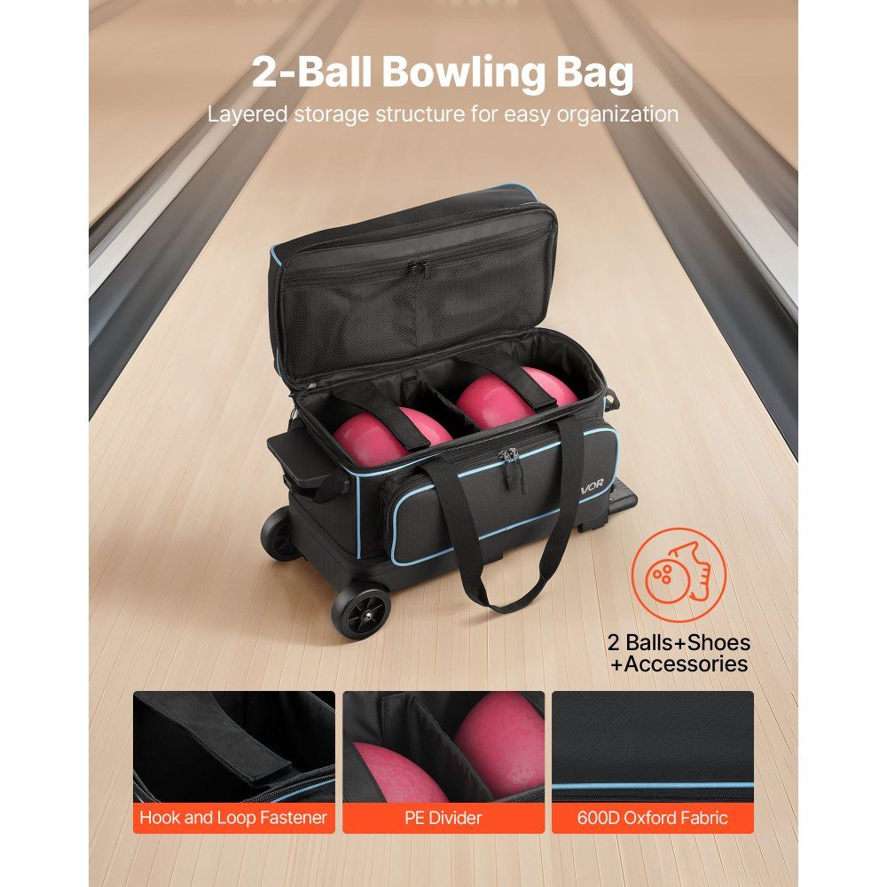 Bowlingballtasche für 3 Bälle mit Doppelrädern und separatem Fach für Schuhe (bis US-Größe 16) und übergroßer Zubehörtasche, ausziehbarer Griff, ausziehbar auf 105 cm, Schwarz + Blau