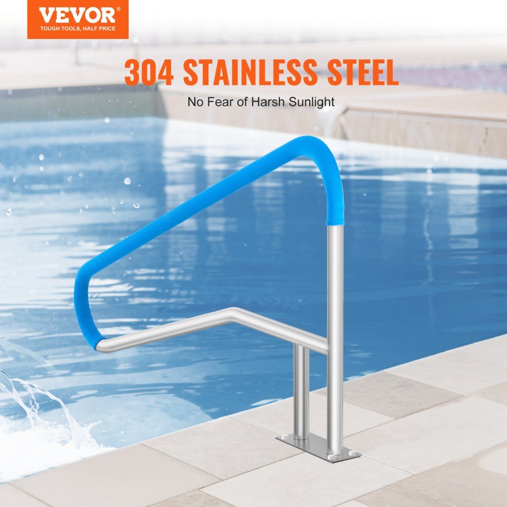 Pool Handrail 1379 x 925 x 100mm Stainless Steel Pool Entry with Base Plate for Indoor/Outdoor Pools, Swimming Pool Safety Railing, Rustproof Grab Bar with Handle Cover and Spa Accessories