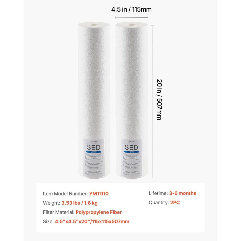 2-pack vervangingscartridge voor waterfilters voor het hele huis, 115x507 mm polypropyleen sedimentfilter voor 3-traps waterfiltersysteem, vermindert chloor, slechte smaak en geur