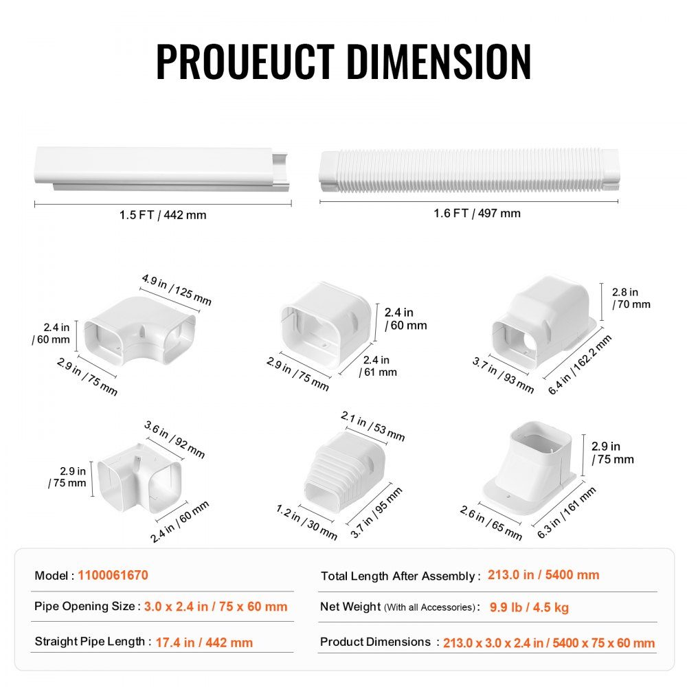 Mini Split Line Set Cover 76,2 mm B 5400 mm L Decoratieve PVC Airconditionerbuisafdekking met 10 rechte kanalen en complete componenten Overschilderbaar voor warmtepompen Wit