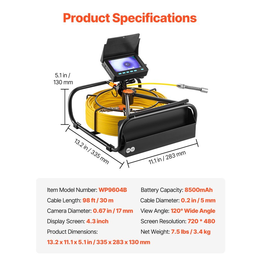 Sewer Camera, 98ft/30m 4.3" Drain Inspection Camera with Lighting - 6 Adjustable LEDs, 16GB Card, 3x Zoom and 8500mAh High Capacity Battery, IP68 Waterproof Plumbing Camera for Sewer Pipes