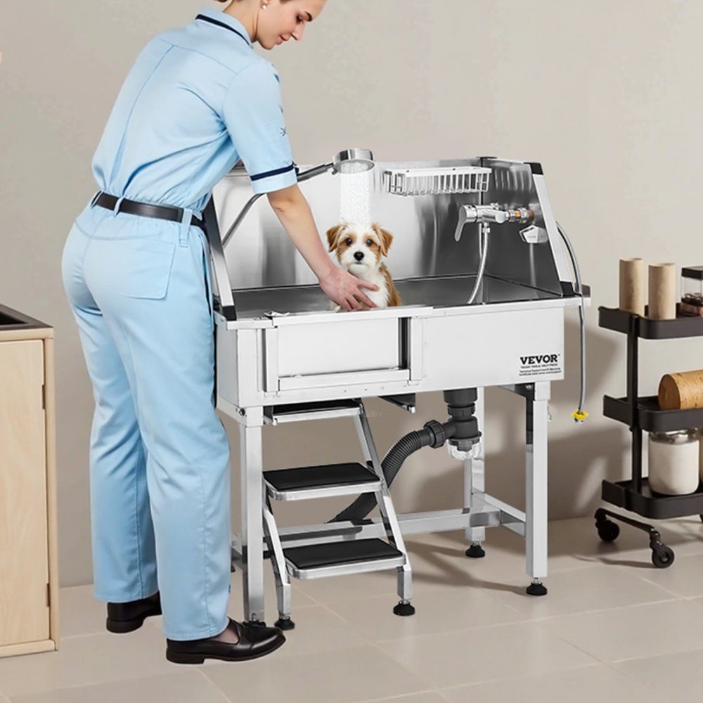 Hundewaschstation aus Edelstahl, 870 x 488 x 1025 mm, Haustierpflegewanne mit Aufbewahrungstreppe, Wasserhahn, Duschkopf und Seifenhalter, Hundebadewanne, für mittlere und kleine Haustiere (linke Tür)