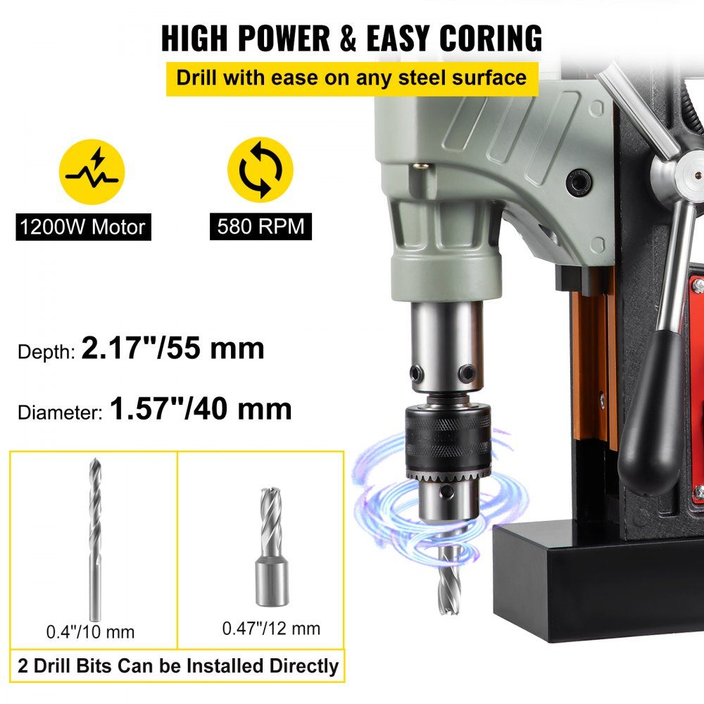 1200 W Magnetbohrmaschine, Magnetbohrmaschine, 13000 N, elektrische Kernbohrmaschine, Industriebohrmaschine, 580 U/min, variable Geschwindigkeit, für alle Oberflächen und Heimwerkerarbeiten