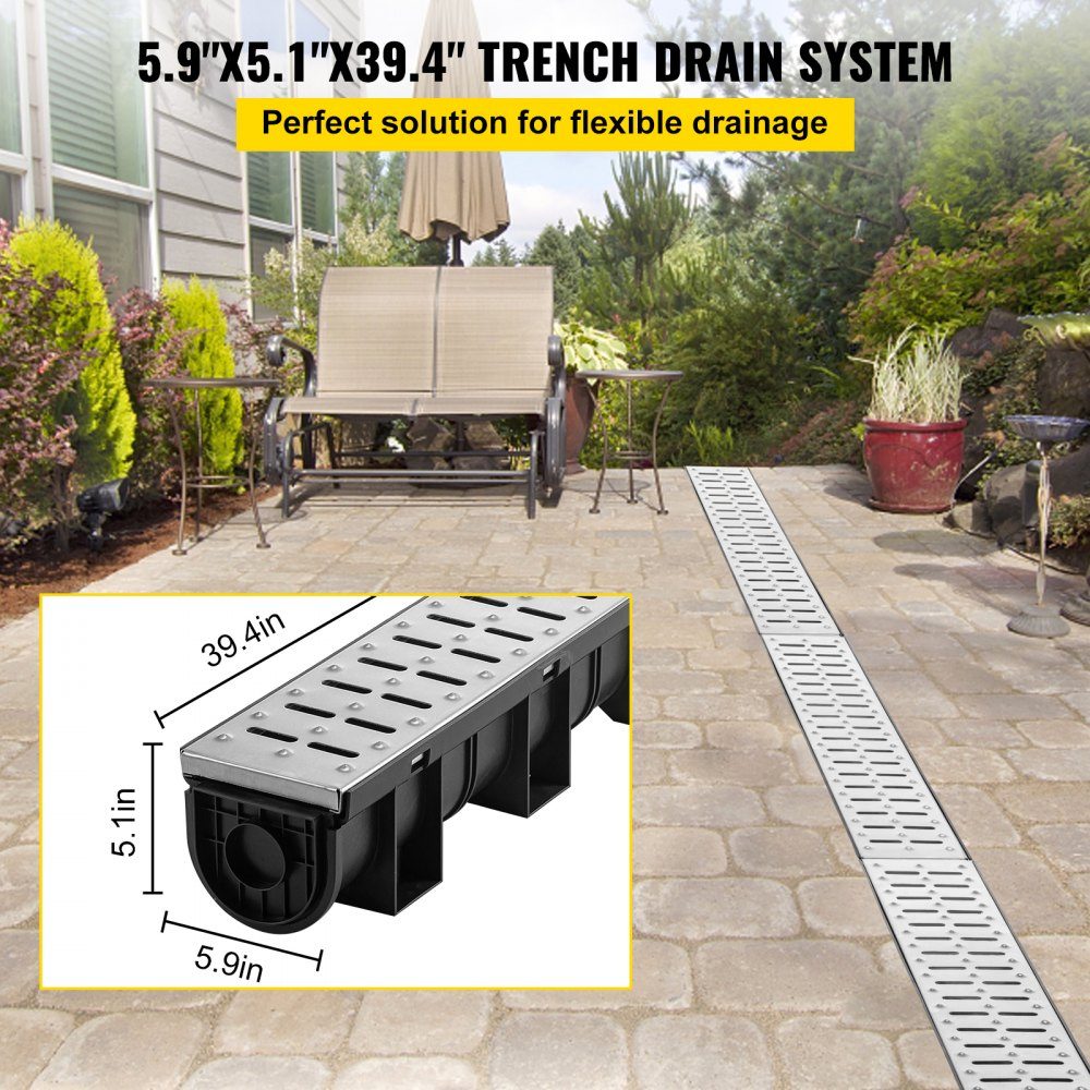 Drainage Gutter Set 3 Pack Patio Gutter Stainless Steel Trench Drainage System 15x13x100cm with 3 End Caps Connector for Garden Drain Driveway Pool Walkway