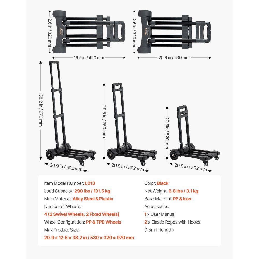 Diable pliable, capacité de charge de 131,5 kg, camion de transport à 4 roues, 2 cordes élastiques et base extensible, chariot de transport pour aéroport, bagages, déménagements de bureau, noir, 530x320x970mm