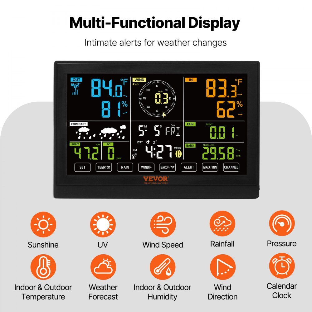 7 in 1 Weather Station, Wireless Weather Station with Outdoor Sensor, 190.5mm (7.5") Color Display, RCC Atomic Clock for measuring wind direction, wind speed, air pressure, indoor/outdoor temperature and humidity, moon phase