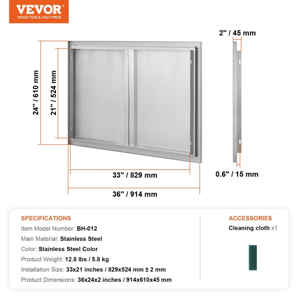 Grill Access Door 914x610mm Double Outdoor Kitchen Door Flush Mount Stainless Steel Door Vertical Wall Door with Retractable Handles for Grill Island Grill Station Outdoor Cabinet