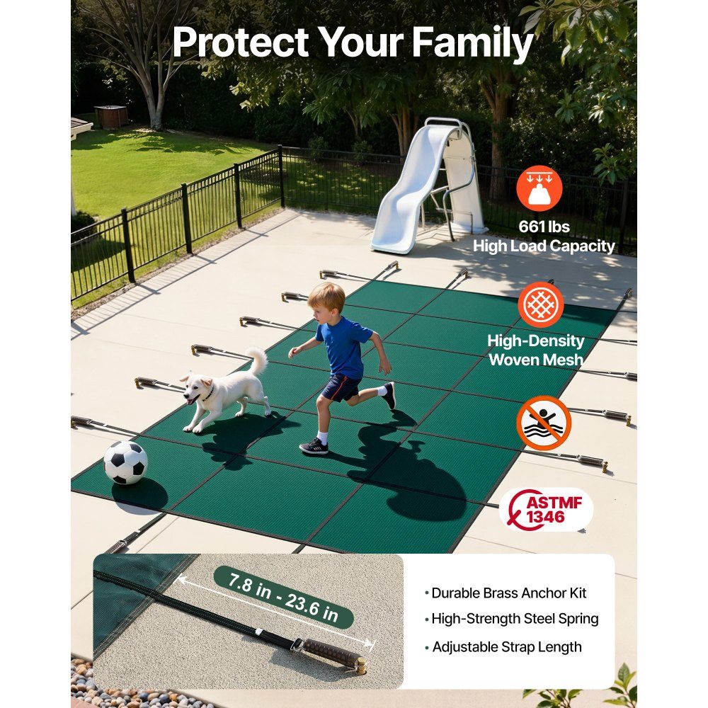 Pool Tarpaulin Suitable for Rectangular Inground Pools (4.3m x 7.9m) Winter Tarpaulin with Drainage Holes Opaque Mesh Cover for Swimming Pools Safety Cover Green