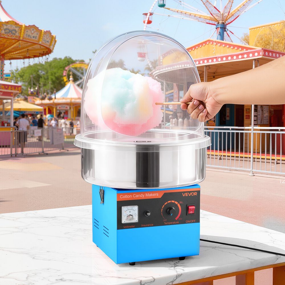 Machine à barbe à papa électrique 1000 W, machine à barbe à papa avec couvercle, bol en acier inoxydable et cuillère à sucre, idéale pour le carnaval, les anniversaires, les fêtes de famille, machine à barbe à papa professionnelle bleue
