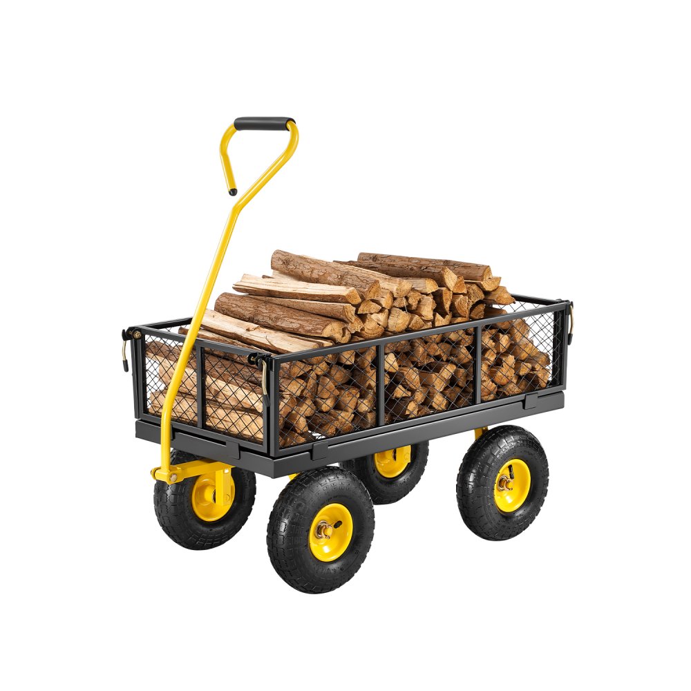 Handwagen 226,80 kg, transportwagen, tuinwagen, materiaalwagen, steekwagen met grote offroad-banden, afneembare zijpanelen van gaasmateriaal en 180° draaibare handgreep, geel/zwart Handwagen 226,80 kg, transportwagen, tuinwagen, materiaalwagen, steekwagen met grote offroad-banden, afneembare zijpanelen van gaasmateriaal en 180° draaibare handgreep, geel/zwart