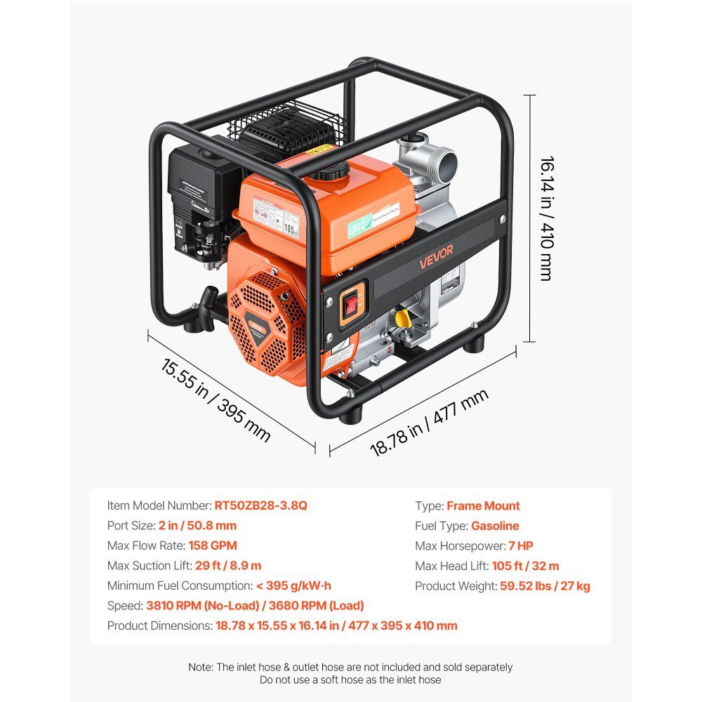 Pompe à eau essence 158 GPM, pompe à eau sale de 2 pouces, pompe à moteur de 7 HP portable avec tuyau de livraison de 25 pieds et pompe de distribution d'eau à turbine en fonte pour l'irrigation, le drainage, les chantiers de construction, les étangs