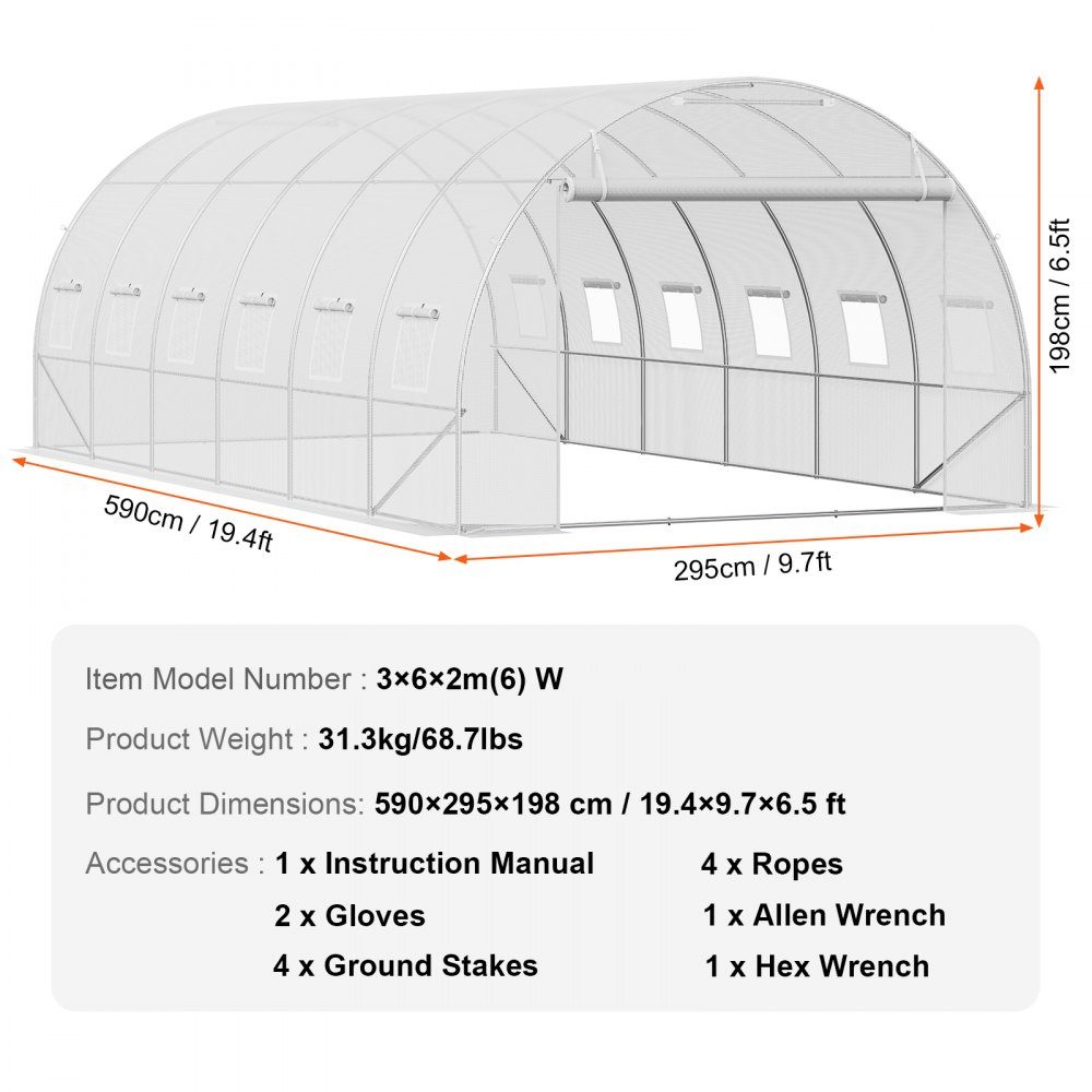 Walk-in tunnel greenhouse, 6.8 x 2.8 x 2.0 m, film greenhouse tunnel, plant greenhouse with galvanized steel frame, white PE cover, roll-up zipper door and 12 windows for outdoor use