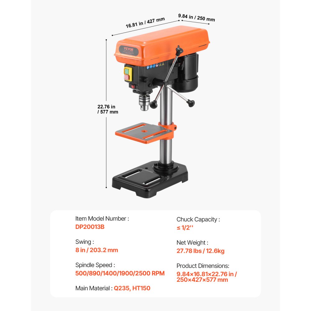 Perceuse d'établi de 203,2 mm, moteur à induction 500 W, perceuse à colonne avec vitesse réglable de 500 à 2 500 tr/min, table de travail inclinable de 0 à 45°, LED, perceuse à pilier en bois et métal Perceuse d'établi de 203,2 mm, moteur à induction 500 W, perceuse à colonne avec vitesse réglable de 500 à 2 500 tr/min, table de travail inclinable de 0 à 45°, LED, perceuse à pilier en bois et métal