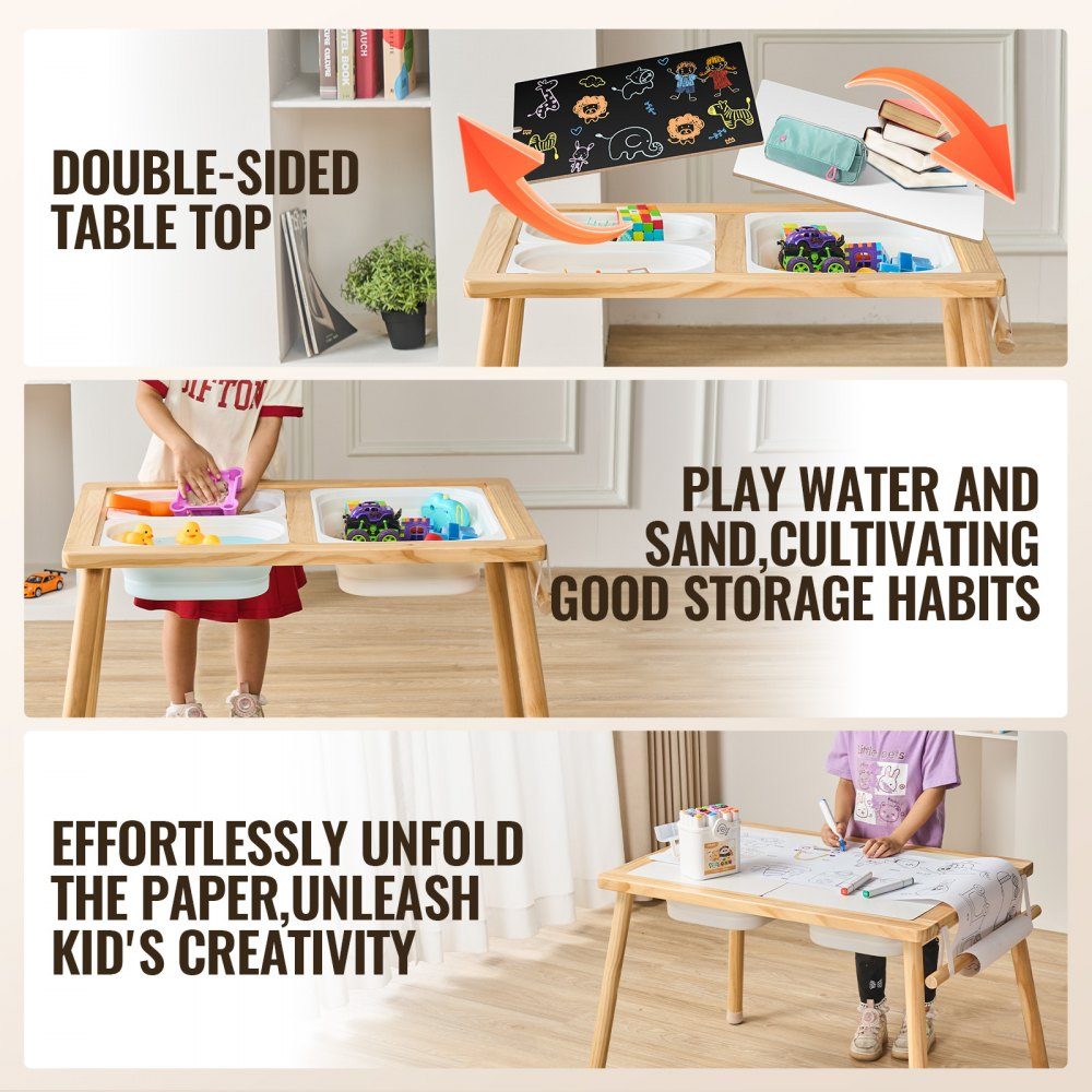 Sensory Table, Kids Activity Table with 3 Foldable Storage Bins and Paper Roll Holder, Sand and Water Table, Wooden Sensory Drawing Table, Gifts for Kids