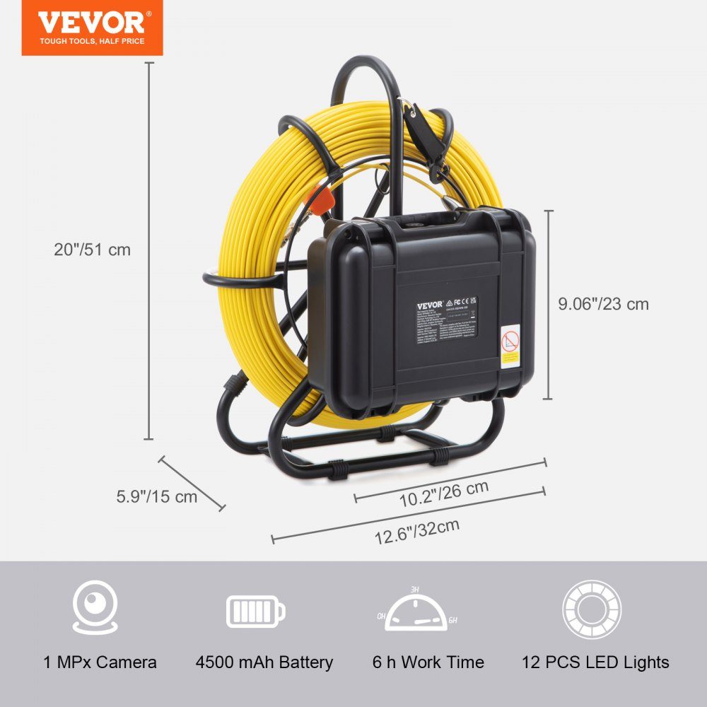 Sewer Camera 91.5m 23cm Screen Pipe Inspection Camera with DVR Function IP68-Kamera with 12 Adjustable LEDs with a 16GB SD Card for Sewer Pipe Home Sewer Pipe