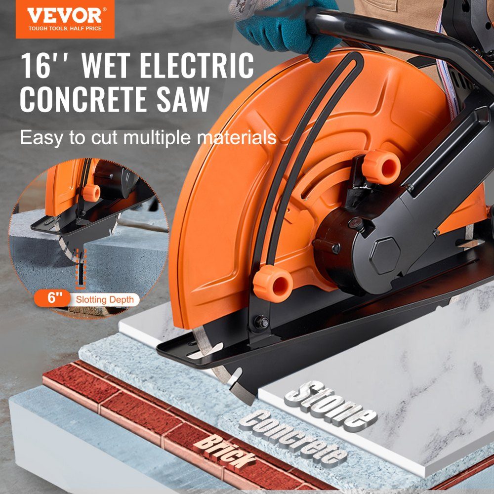 Electric Concrete Saw 406mm Heavy Duty Circular Saw 2800W Cutting Depth 152mm Wet/Dry Disc Saw with Water Pipe Water Pump Saw Blade for Stone and Brick