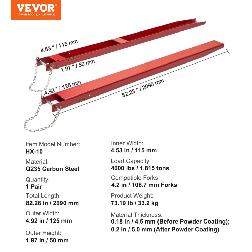 Lot de 2 rallonges de fourche, extension de dents de 2 090 mm, capacité de charge de 1,815 tonnes, dents de fourche en acier au carbone Q235, conception monobloc, extension de fourche à palette compatible avec les fourches de 106 mm Lot de 2 rallonges de fourche, extension de dents de 2 090 mm, capacité de charge de 1,815 tonnes, dents de fourche en acier au carbone Q235, conception monobloc, extension de fourche à palette compatible avec les fourches de 106 mm