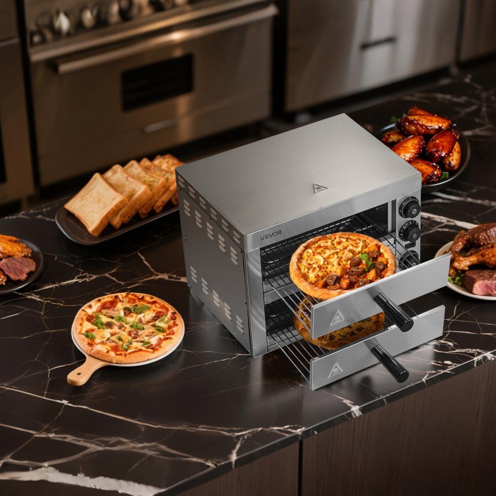 12" 1700W Electric Pizza Oven with temperature control and 0-60 minute timer, even baking technology and easy to clean crumb tray, ideal for commercial and residential kitchens