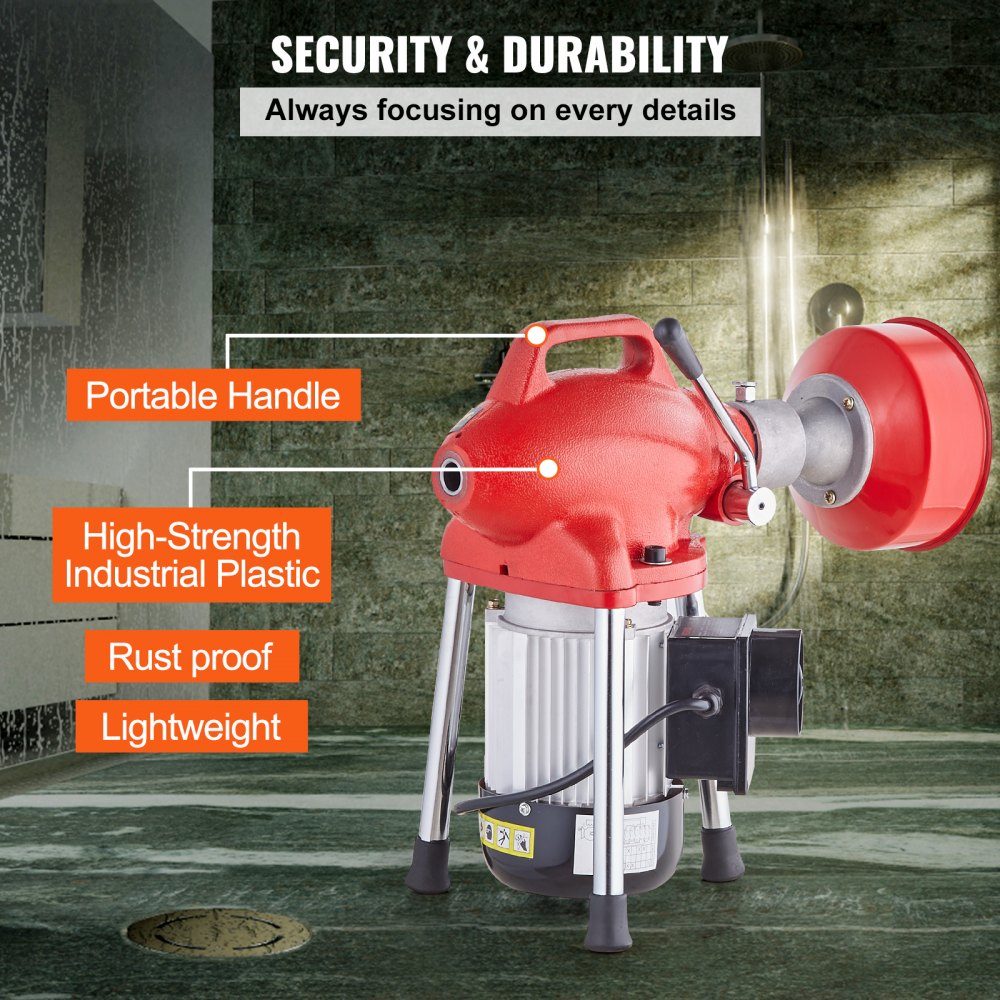 Pipe Cleaning Machine 120' x 5/8'', 370W Electric Pipe Cleaning Cable with Manual Feed - with 2 steel cable sections (120' x 5/8" and 23' x 3/8"), 7 cutters and CW/CCW control for 1.6" to 4" pipes