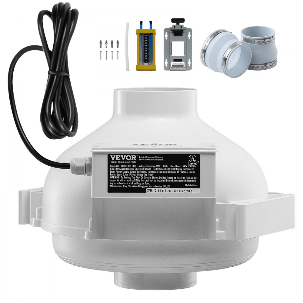 98-114 mm Radonventilator-installatieset, 190 CFM Radon Mitigation Fan System Kit met 2 koppelingen, manometer, inline kanaalventilator Afzuigventilator voor binnen- en buitenventilatie