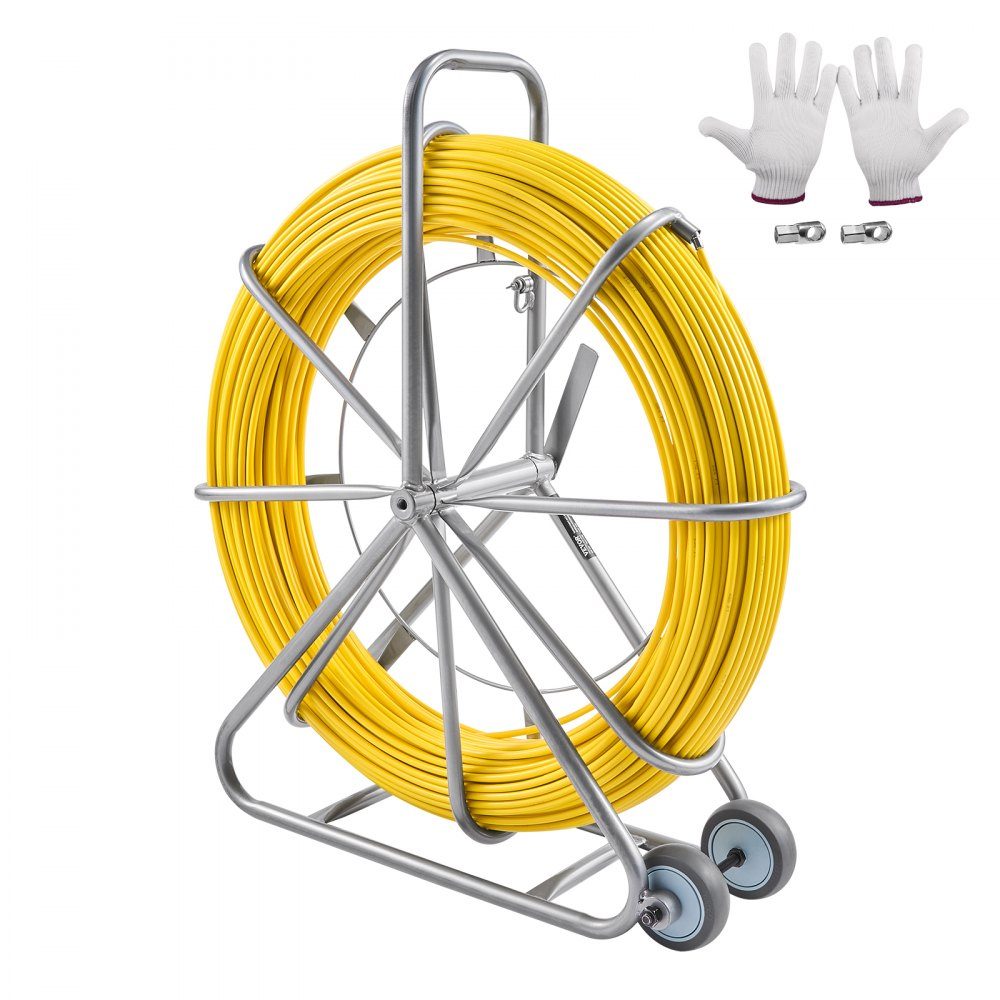 Retractable Tape 200m 5/16" Pipe Puller Retractable Tape Wire Puller Cable Management Rod with Steel Reel Stand 3 Pull Heads Fishing Tool for Walls and Electrical Wires Non-Conductive