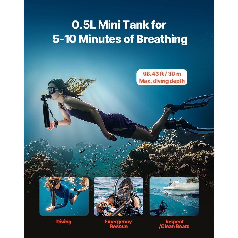 0.5L Diving Bottle, Portable Diving Bottle, Oxygen Bottle for Diving Support, 5-10 Minutes Underwater Breathing, 30m Diving Depth, Refillable Snorkel Air Tank with Pump