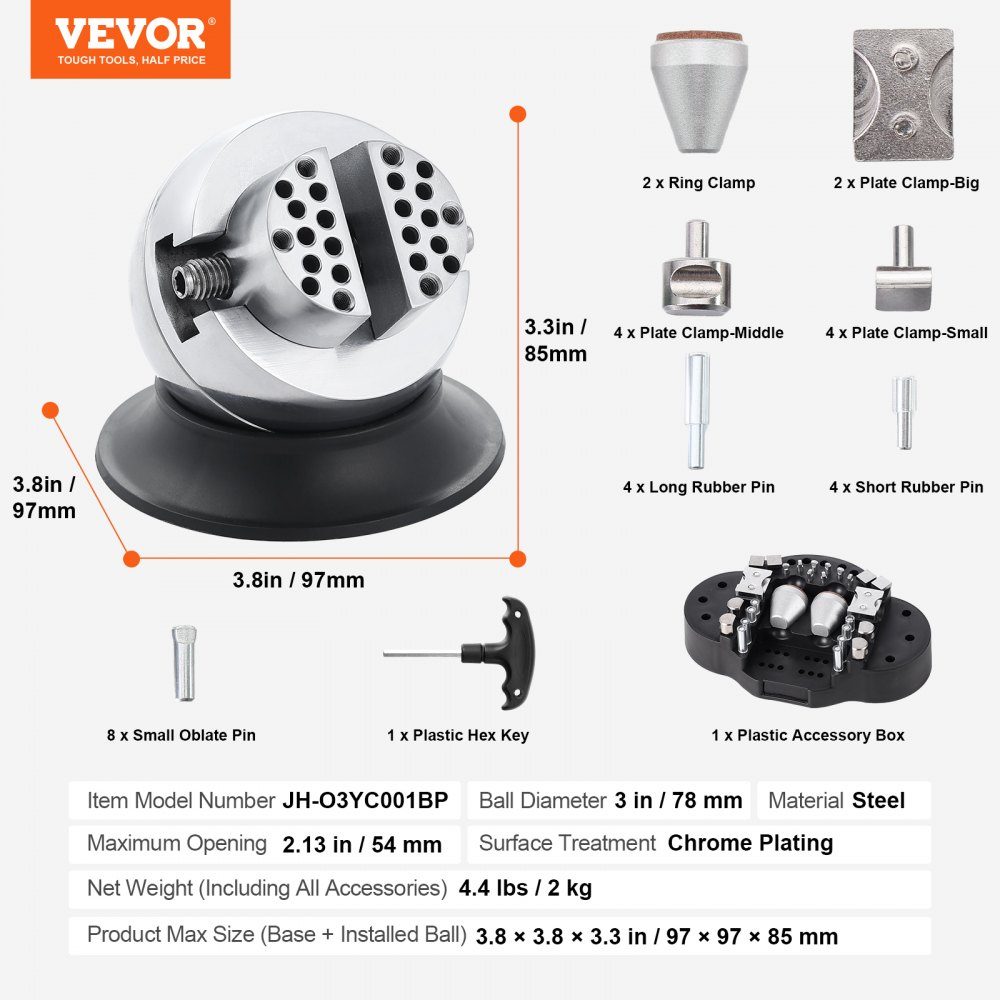 Etau à bille bloc avec 30 pièces, dispositif de réglage du bloc de gravure diamètre 78 mm, étau à bille bloc avec diamants de gravure, jeu complet, fixation à bille et socle en caoutchouc (GRS)