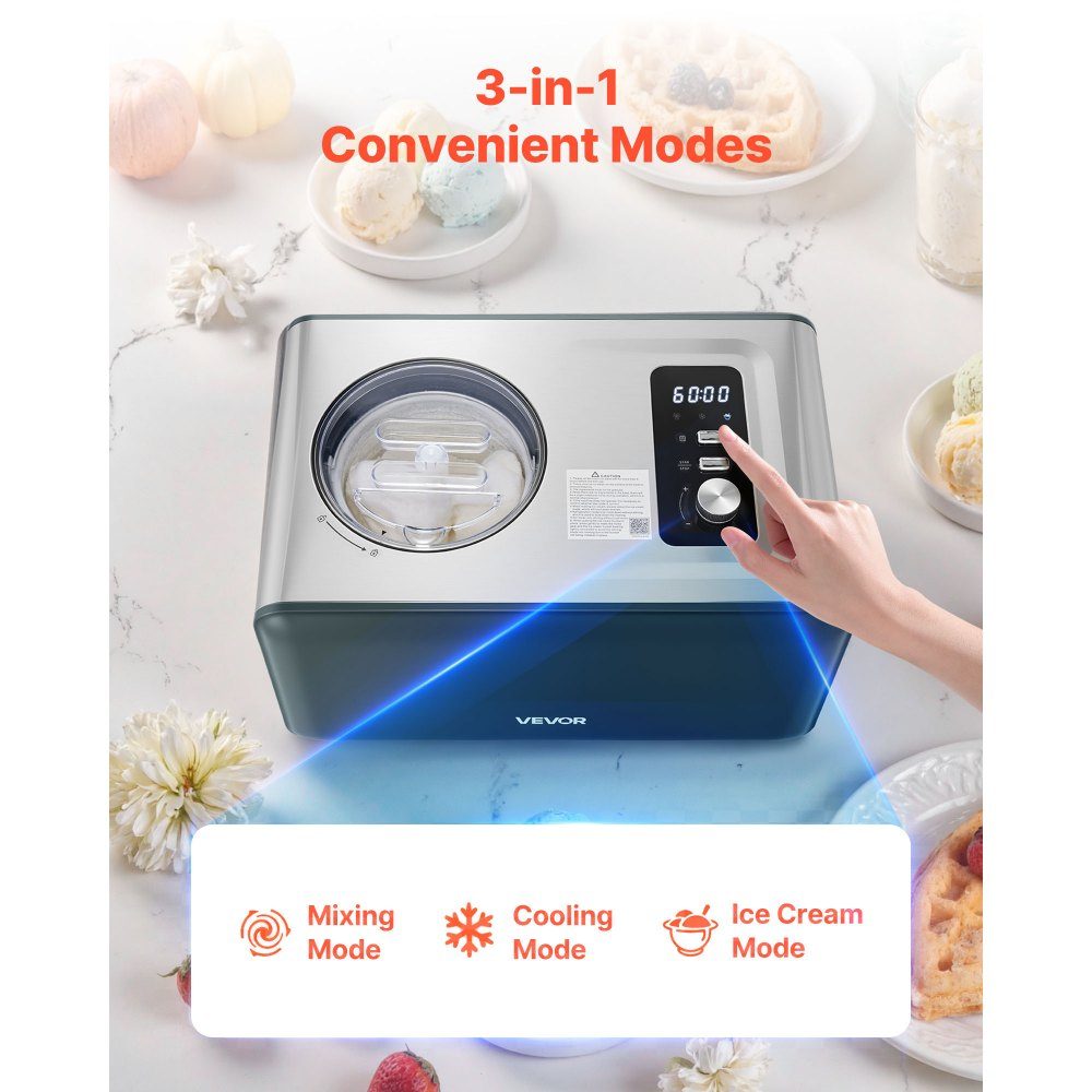 Automatic ice cream maker 1.5L with integrated compressor (150W), no prefreezing, ice cream maker with 3 modes, electric ice cream maker, sorbet maker