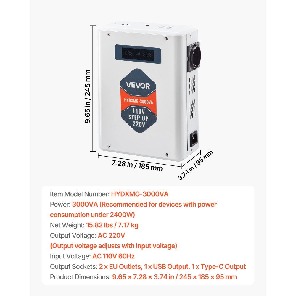 Step Up Voltage Converter 3000VA Heavy Duty Current Converter 110V to 220V Power Transformer with 2 EU Sockets USB Output LCD Display Temperature Protection for 220V Devices