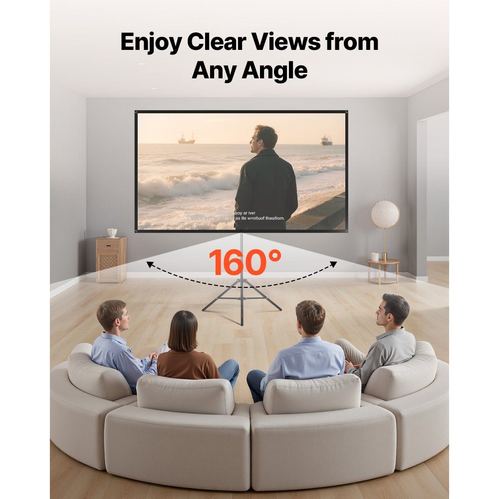 Projection screen tripod screen (80 inch) with 160° wide angle, projector screen for indoor and outdoor projector 16:9 4K HD, portable film screen with carrying bag for home cinema presentation