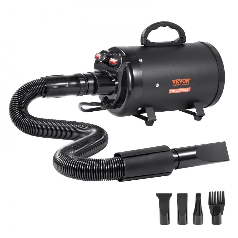 Sèche-poils pour chien, 2000 W, vitesse du vent 70 m/s, sèche-poils pour animaux de compagnie, sèche-cheveux pour toilettage, souffleur à 4 buses avec tuyau élastique, plage de température de 29,4 à 57,2 °C, sèche-poils pour animaux de compagnie