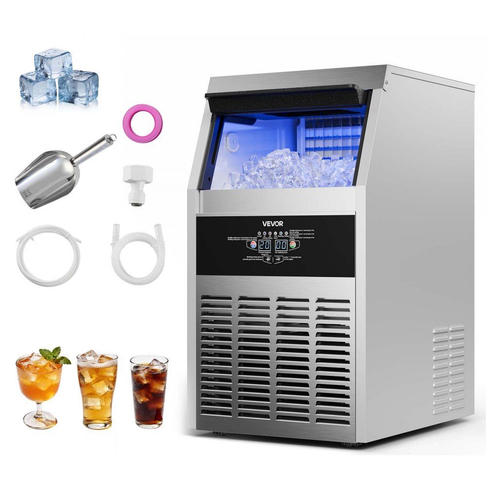 Machine à glaçons commerciale, machine à glaçons 59 kg/jour avec bac de stockage de glace de 14 kg, machine à glaçons autoportante en acier inoxydable avec affichage LED, autonettoyante, idéale pour la maison, bar, restaurant, café