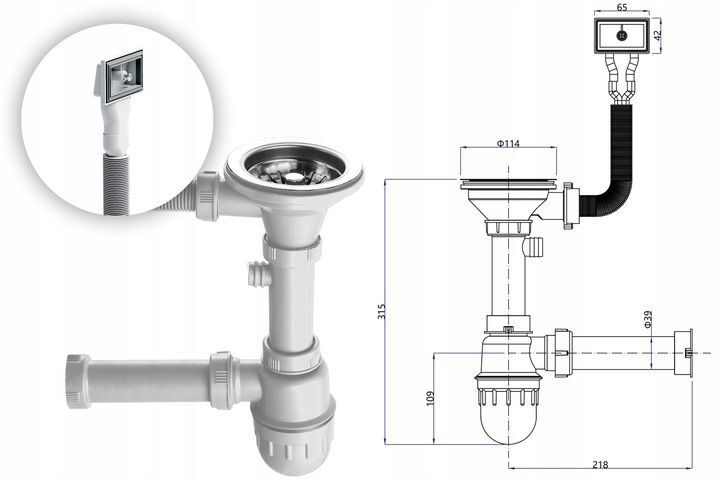 Stahlspüle mit Abtropffläche + Siphon, Einzelbeckenspüle aus Edelstahl, Set 2